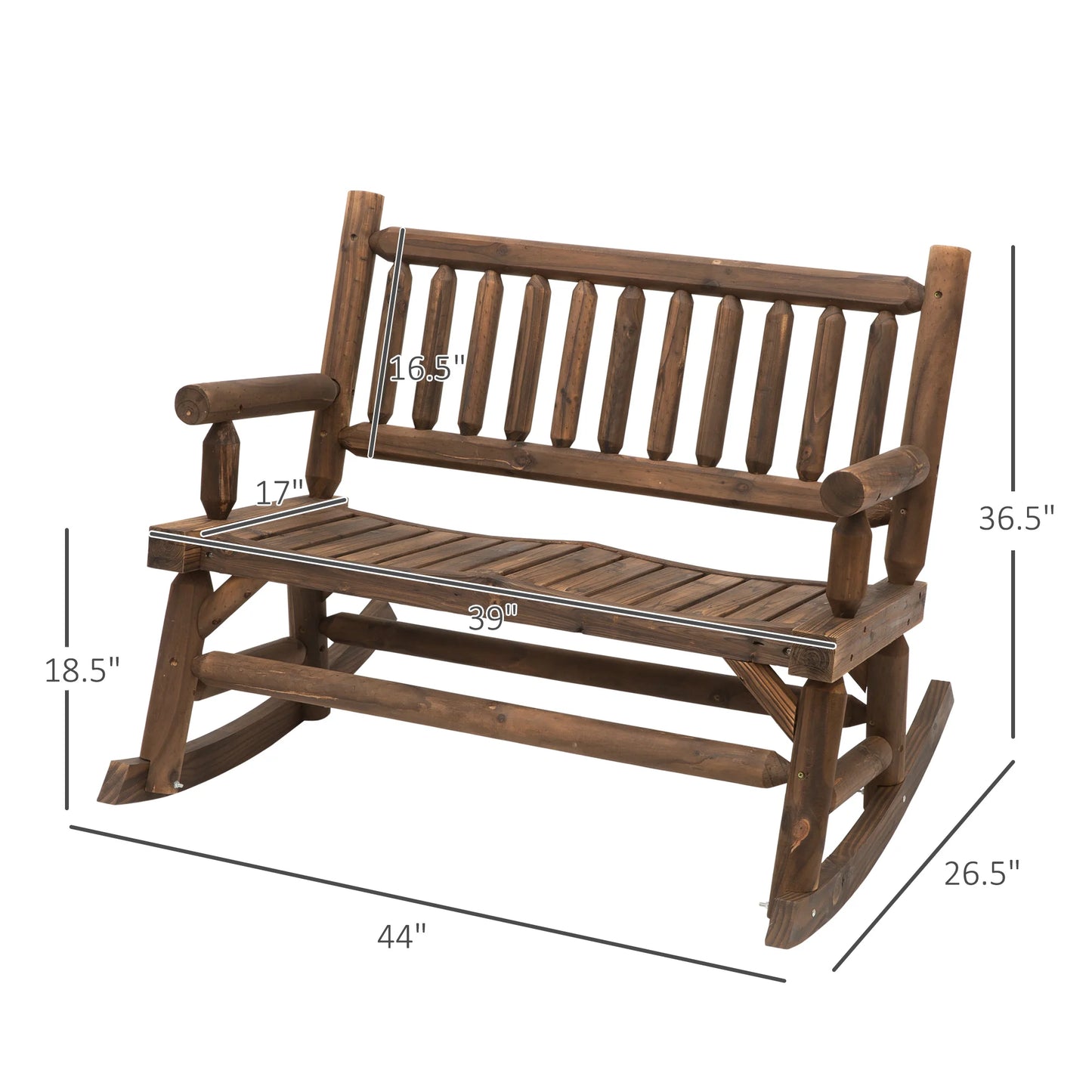 2-Person Patio Rocking Chair Wooden Log Loveseat Rocker Backyard Garden Walnut