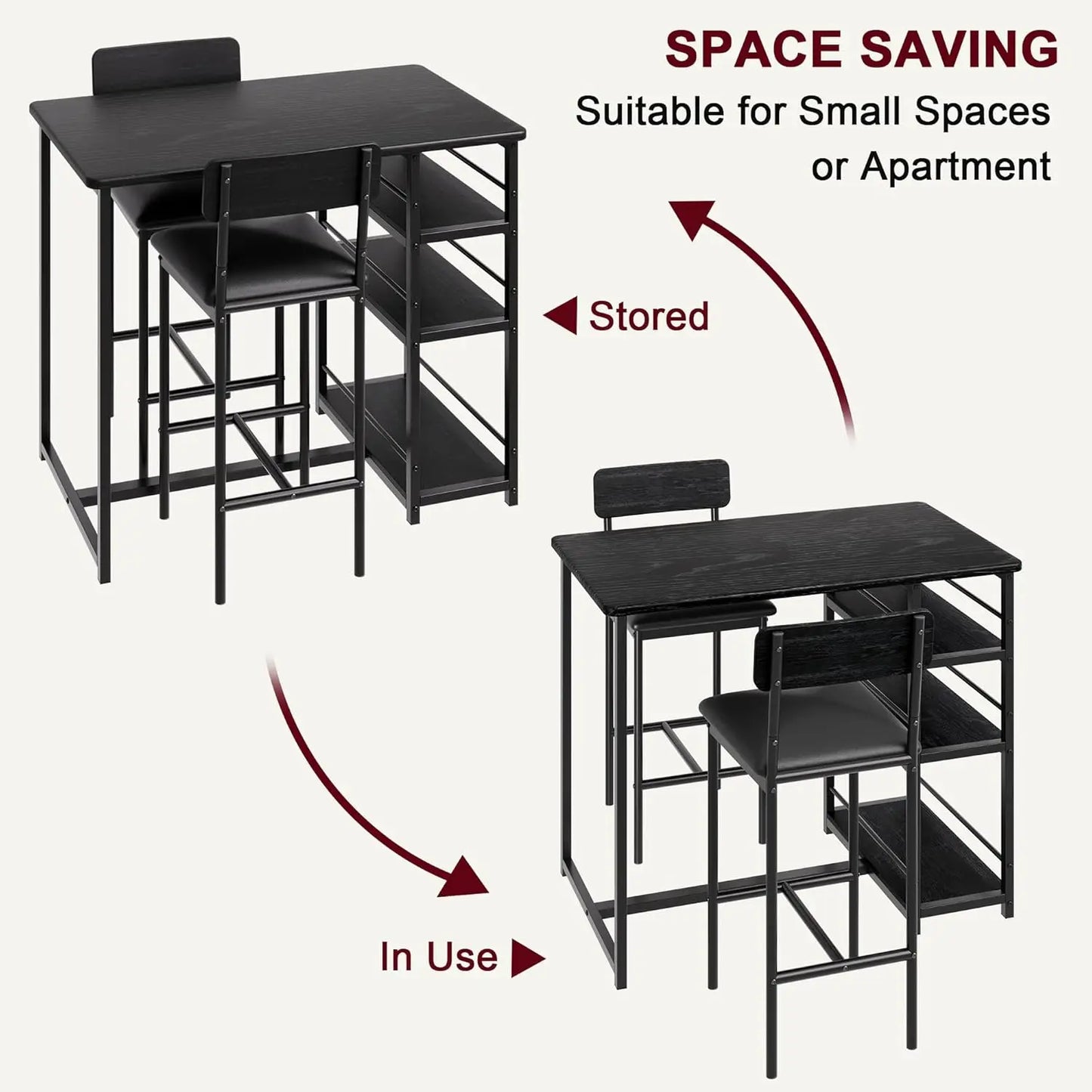 3-Piece Bar Table and Chairs Set with 3 Tier Storage Shelves,  with PU Cushion Bar Chairs