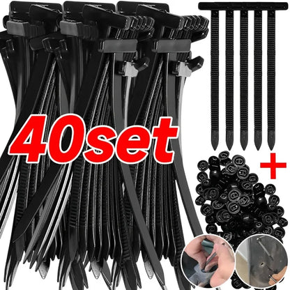 40set Nylon Universal Cable Tie Buckle Heavy Duty Self-Locking Zip Ties Holder with Pin Fasteners Car Body UV Resistant Zipties