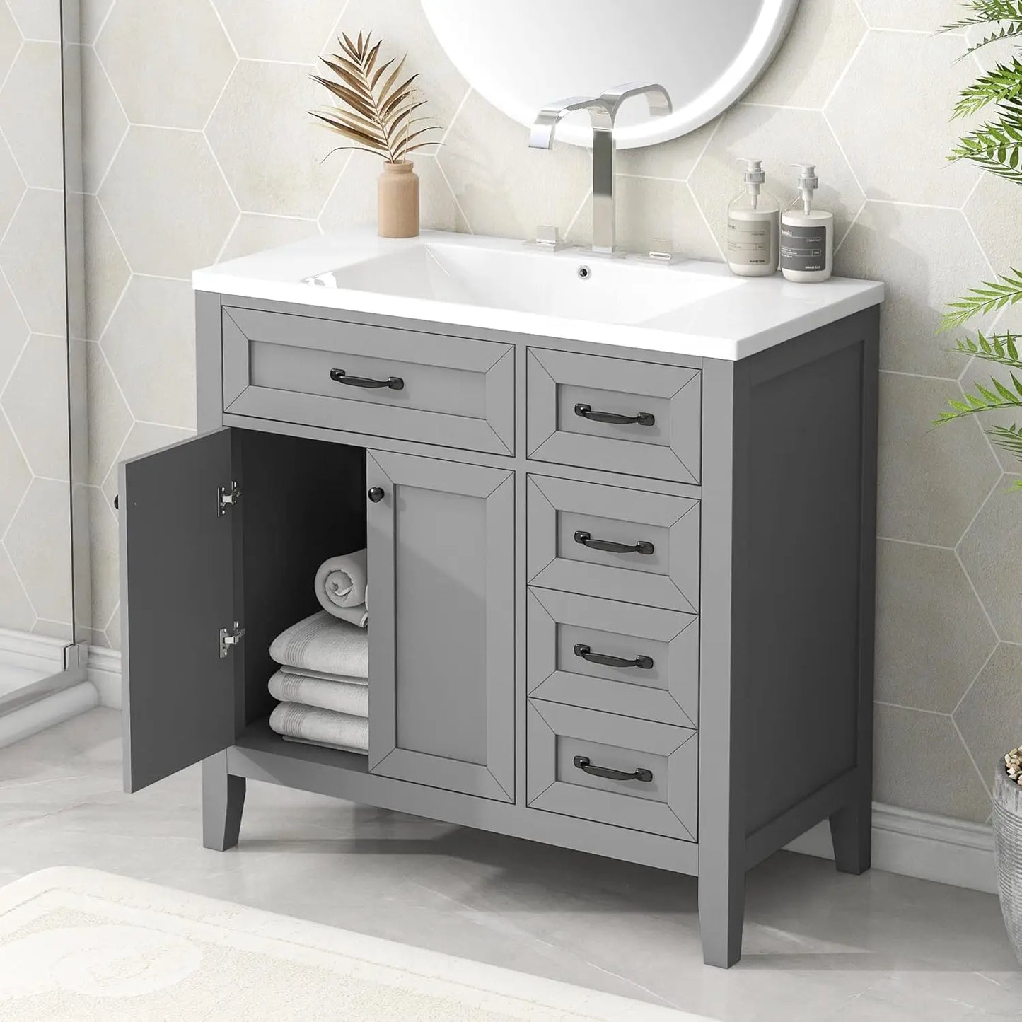 36 inch Bathroom Vanity with Sink, Wood  Storage Cabinet with 3 Drawer, 1 Bottom Divider Drawer