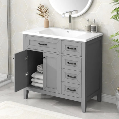 36 inch Bathroom Vanity with Sink, Wood  Storage Cabinet with 3 Drawer, 1 Bottom Divider Drawer