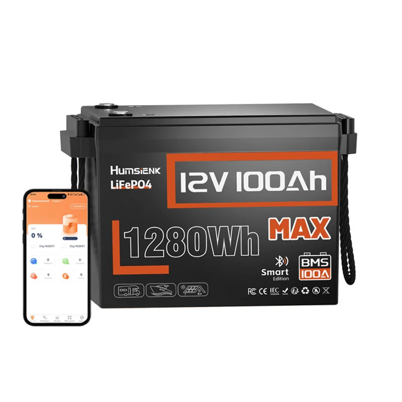 12V 100AH LiFePO4 Lithium Battery With Bluetooth Monitor Battery info 1280Wh For RV, Camper, Golf Cart, Trolling Motor
