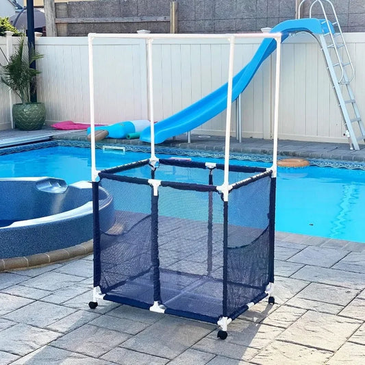 Pool Equipment Holder with Towel Drying Bars, Mesh Rolling