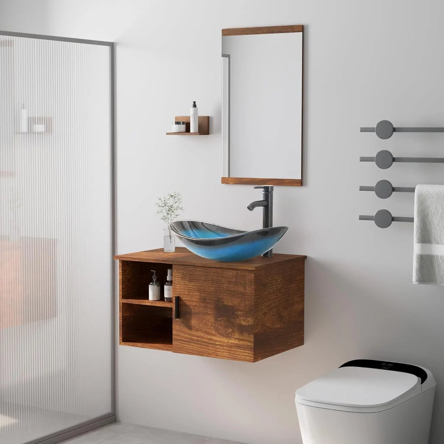28" Bathroom Vanity Sink Combo Wall Mounted Floating Cabinet W/Open Shelves W/Mirror,  Faucet