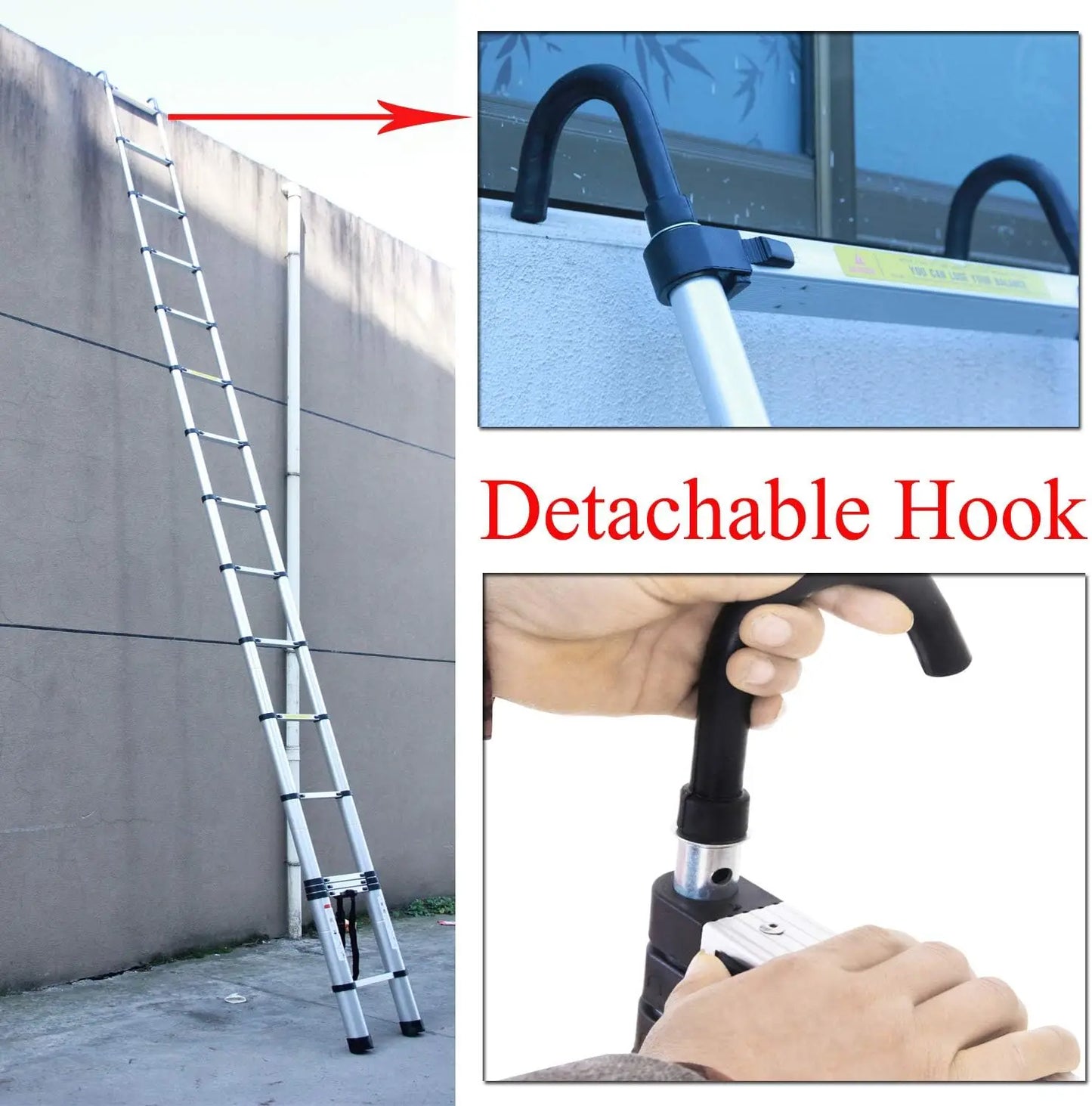 Telescopic Collapsible Ladder with Detachable Hooks & Extendable Steps Non-Slip Feet