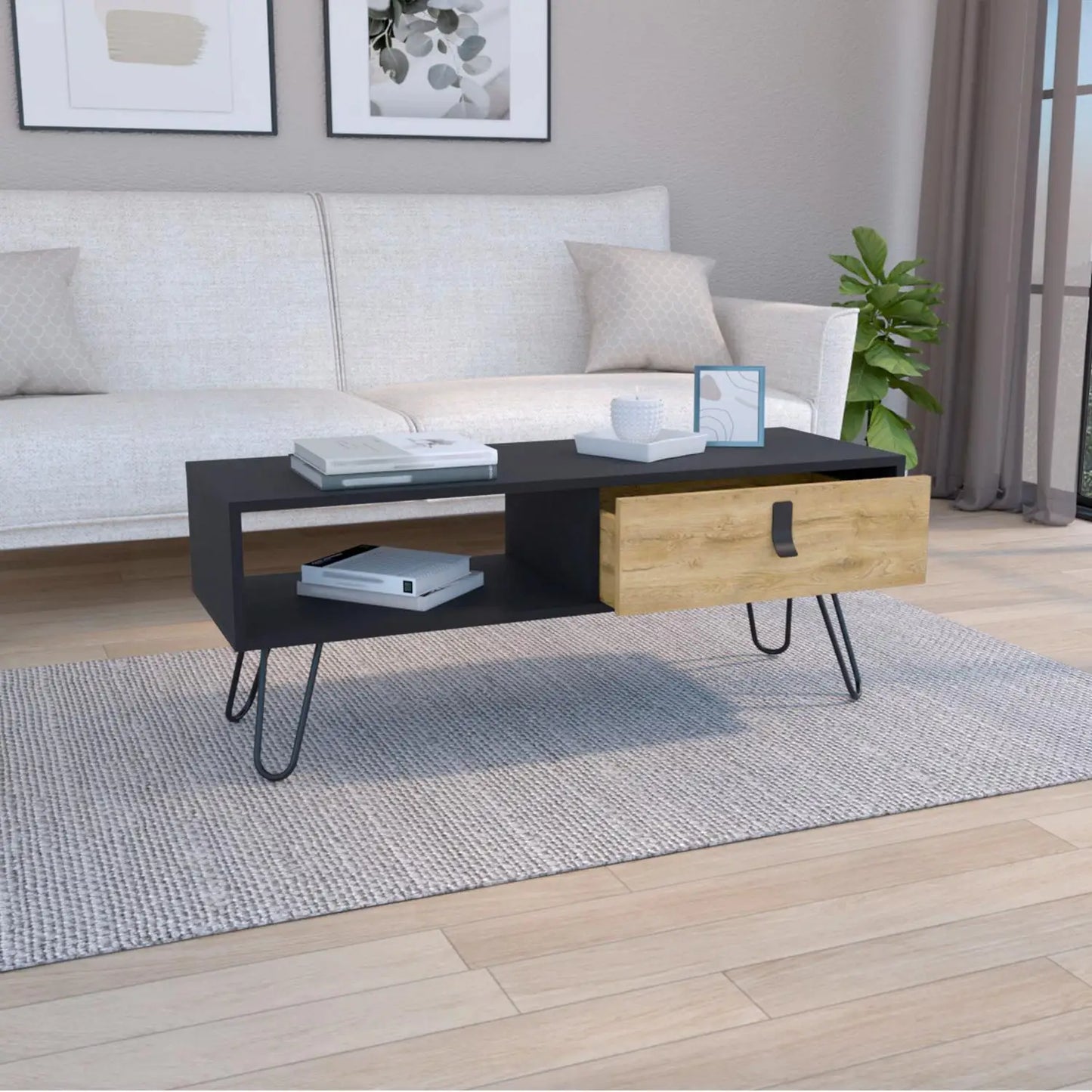 Huna Coffee Table with Hairpin Legs and Ample Storage Drawer Black / Macadamia