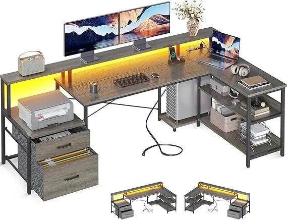 L Shaped Computer Desk with File Drawer, Power Outlet & LED Strip