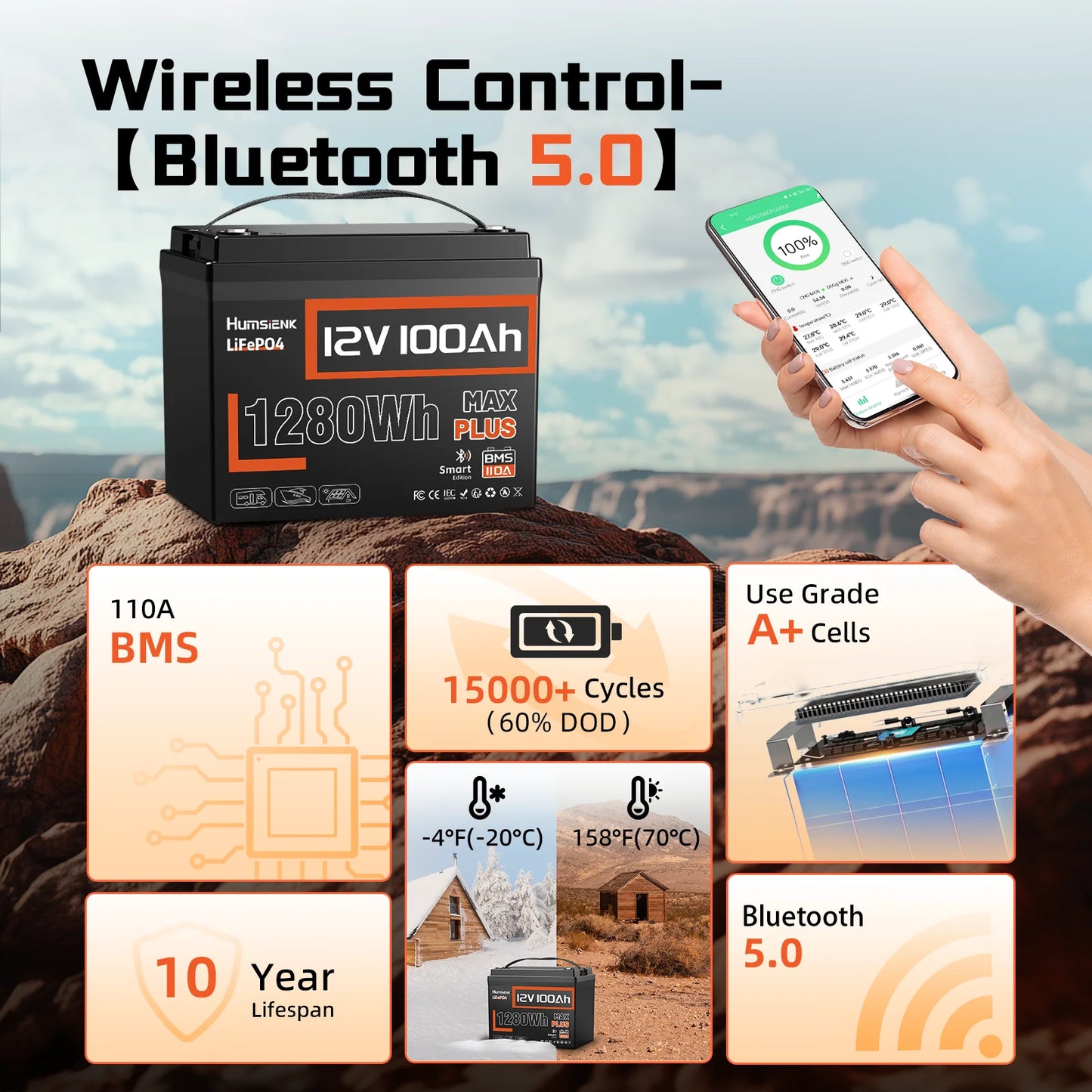 12V 100AH LiFePO4 Lithium Battery With Bluetooth Monitor Battery info 1280Wh For RV, Camper, Golf Cart, Trolling Motor