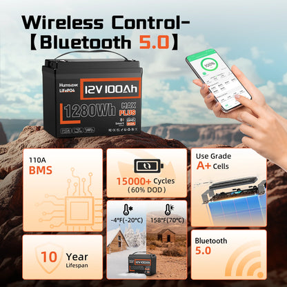 12V 100AH LiFePO4 Lithium Battery With Bluetooth Monitor Battery info 1280Wh For RV, Camper, Golf Cart, Trolling Motor