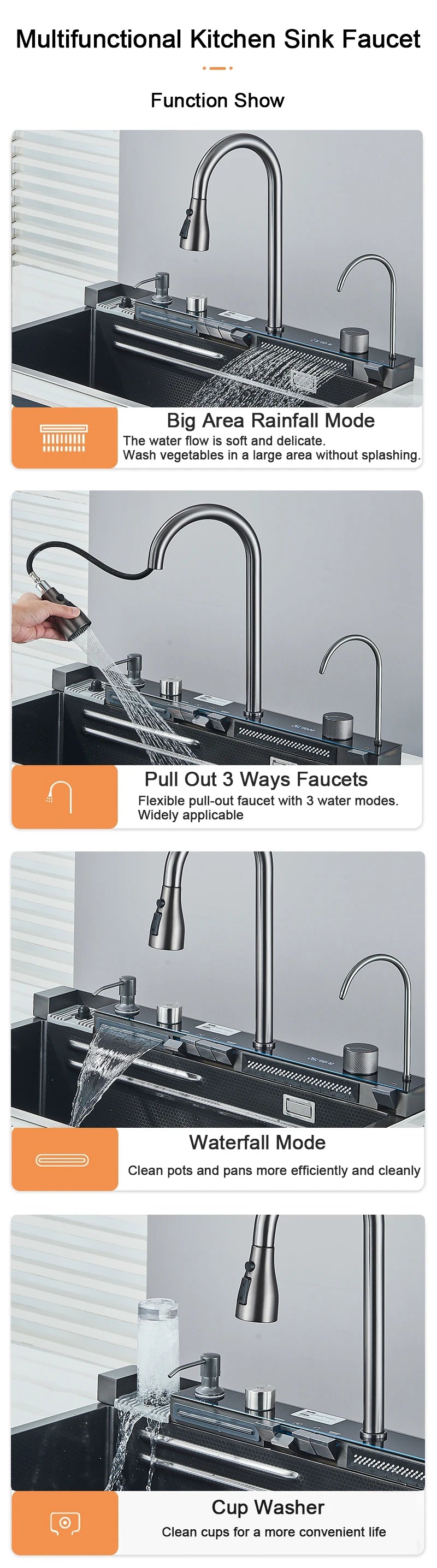 304 Stainless Steel Kitchen Sink with Digital Display Waterfall Faucet, Multifunctional Large Single Slot Whale Sink