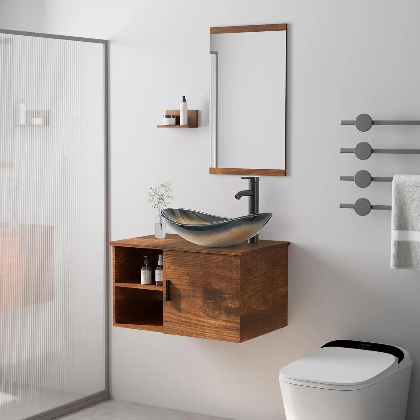 28" Bathroom Vanity Sink Combo Wall Mounted Floating Cabinet W/Open Shelves W/Mirror,  Faucet