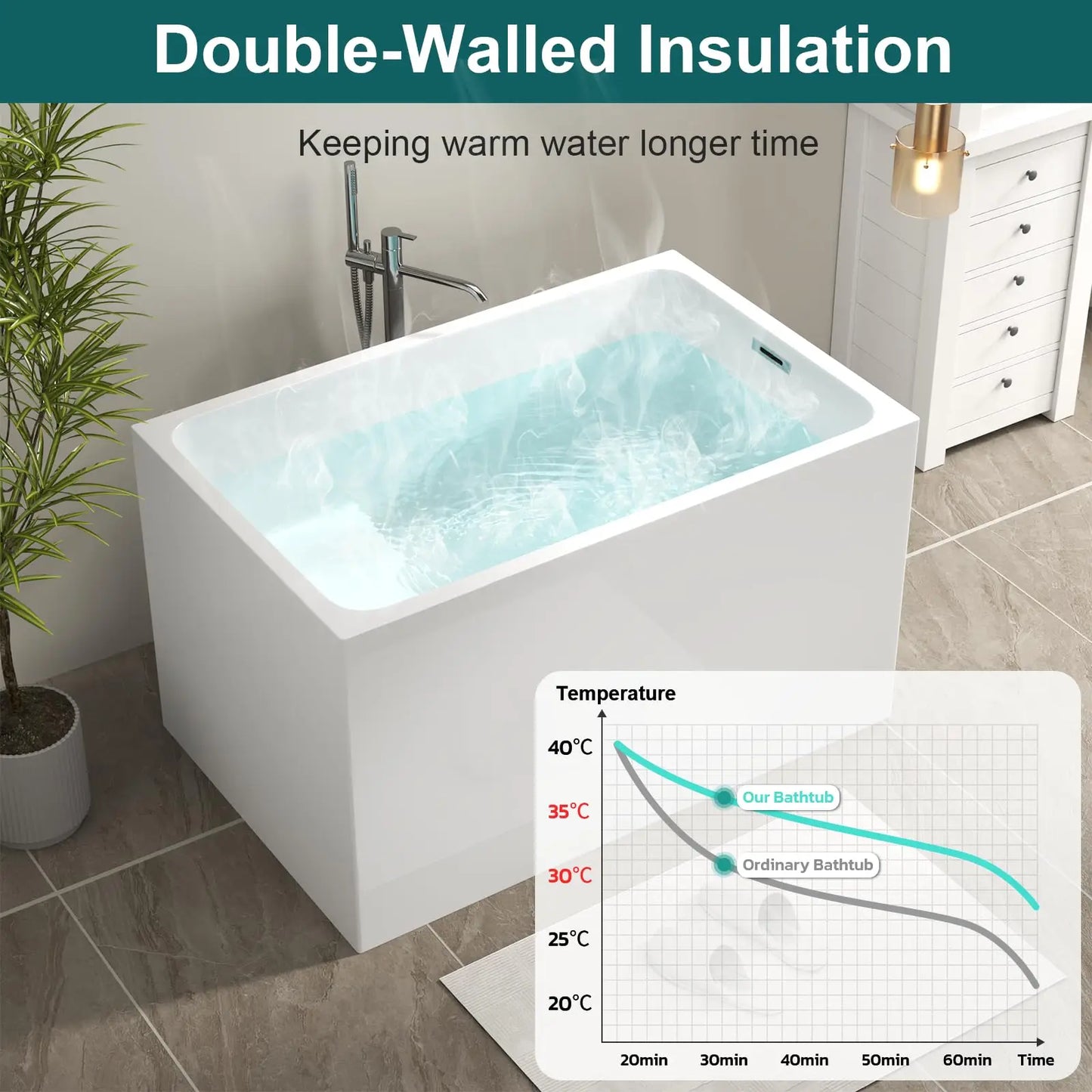 43" Acrylic Freestanding Bathtub, Soaking Tub w/Seat, Chrome Overflow, Gloss White Bathtub