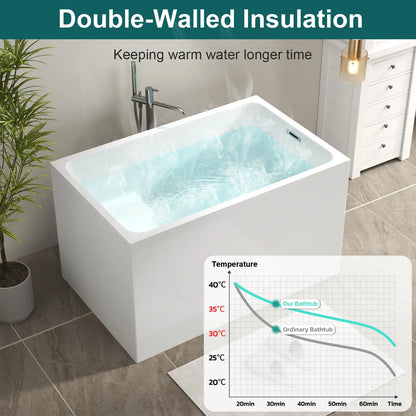 43" Acrylic Freestanding Bathtub, Soaking Tub w/Seat, Chrome Overflow, Gloss White Bathtub