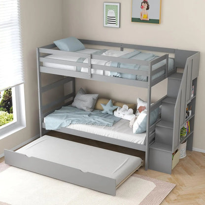 Twin Over Twin Bunk Bed with Trundle and Stairs, Solid Wood Bunk Bed Frame with Storage Shelf, Bunk Beds Detachable,
