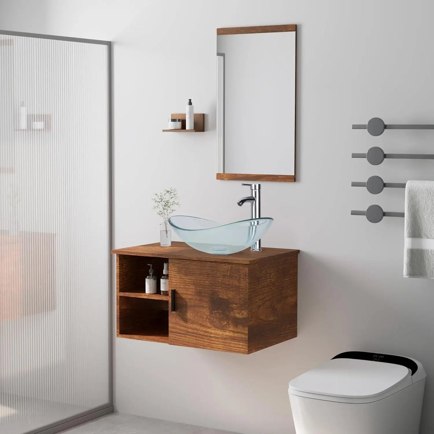 28" Bathroom Vanity Sink Combo Wall Mounted Floating Cabinet W/Open Shelves W/Mirror,  Faucet
