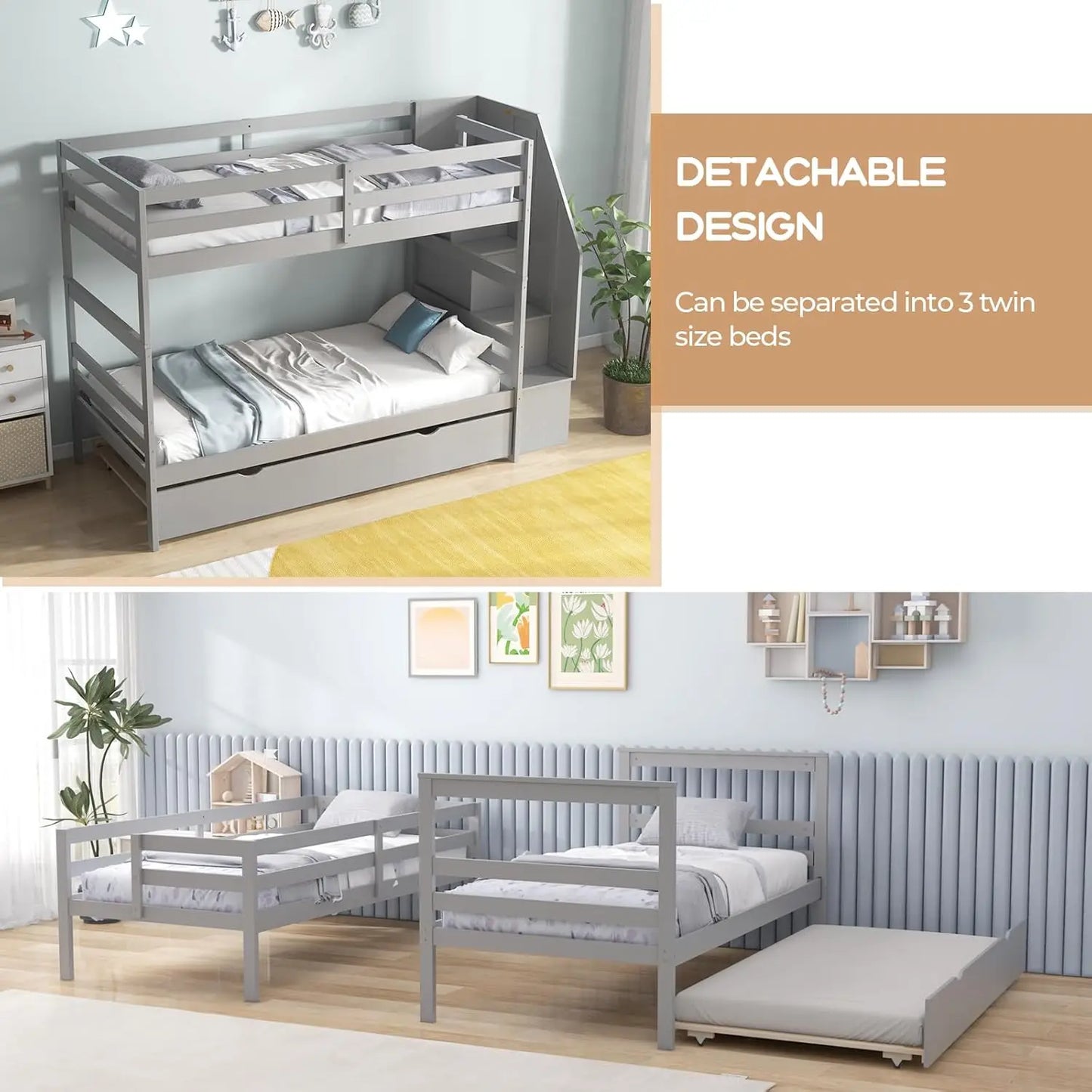 Twin Over Twin Bunk Bed with Trundle and Stairs, Solid Wood Bunk Bed Frame with Storage Shelf, Bunk Beds Detachable,