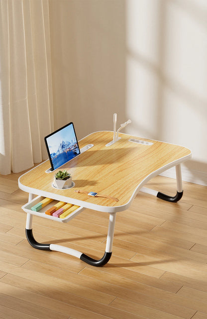 Portable Laptop Desk with USB Light, Small Fan, Cup Holder, Tablet Slot, and Lifting Handle