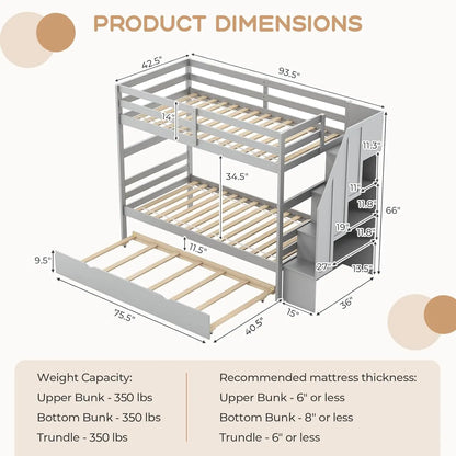 Twin Over Twin Bunk Bed with Trundle and Stairs, Solid Wood Bunk Bed Frame with Storage Shelf, Bunk Beds Detachable,