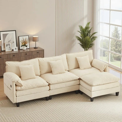 Luxury 108” Modular Sectional Sofa – Comfy Cloud Couch with Movable Ottoman, Charging Station,Side Pockets & Throw Pillows