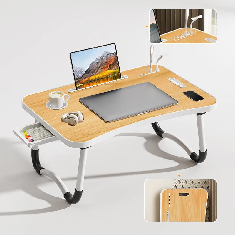 Portable Laptop Desk with USB Light, Small Fan, Cup Holder, Tablet Slot, and Lifting Handle