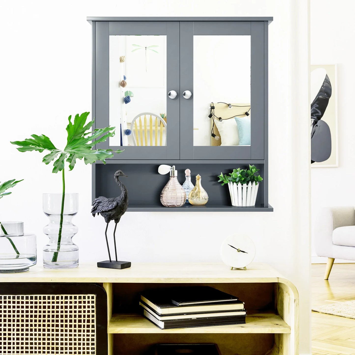 Wall Mount Mirror Cabinet Bathroom Medicine Cabinet Organizer Grey