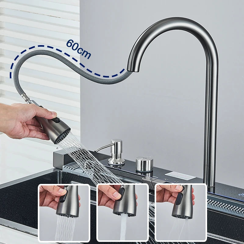 304 Stainless Steel Kitchen Sink with Digital Display Waterfall Faucet, Multifunctional Large Single Slot Whale Sink