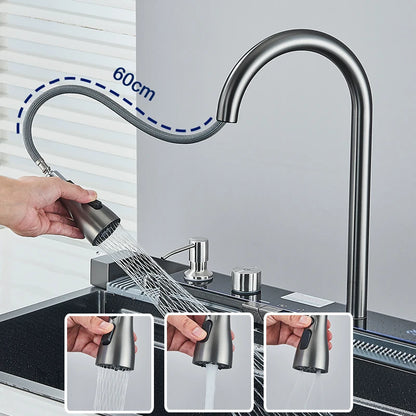 304 Stainless Steel Kitchen Sink with Digital Display Waterfall Faucet, Multifunctional Large Single Slot Whale Sink