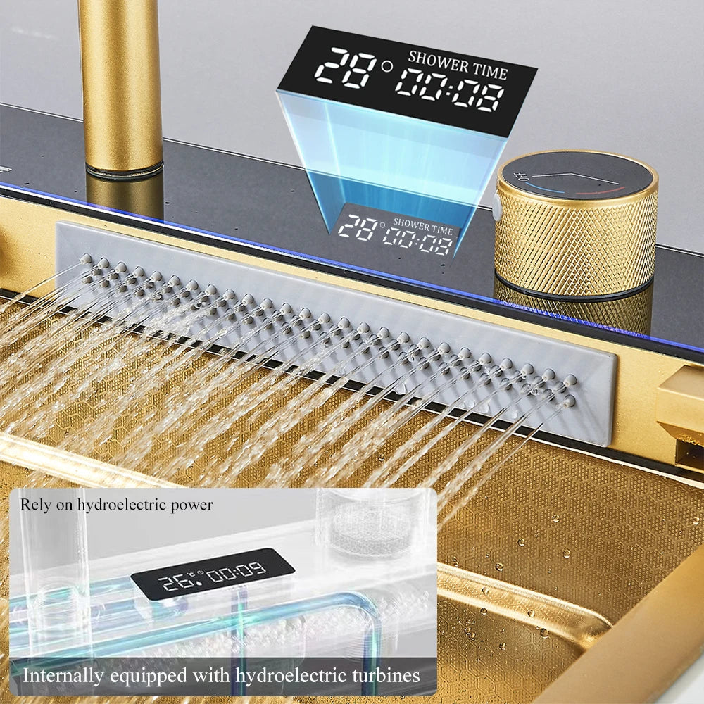 Multifunctional Kitchen Waterfall Sink Digital Display; 304 Stainless Steel