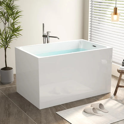 43" Acrylic Freestanding Bathtub, Soaking Tub w/Seat, Chrome Overflow, Gloss White Bathtub