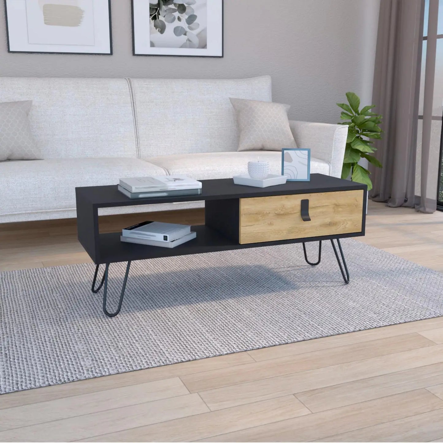 Huna Coffee Table with Hairpin Legs and Ample Storage Drawer Black / Macadamia