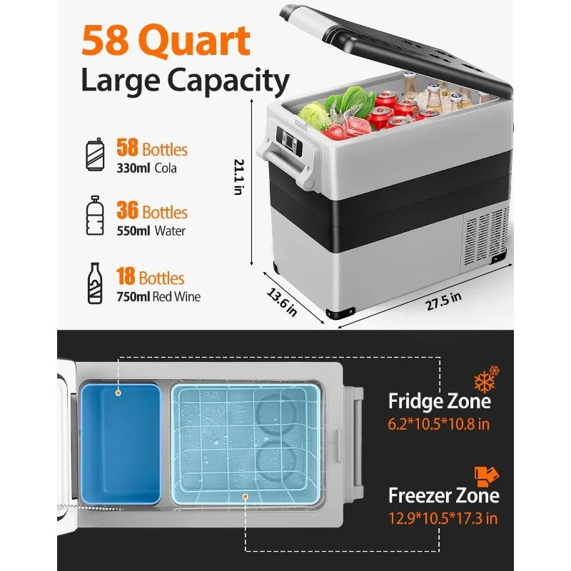 Portable 12 Volt Refrigerator Cooler or Freezer- 58 Quart(55L)  with AC/DC (Has Compressor)
