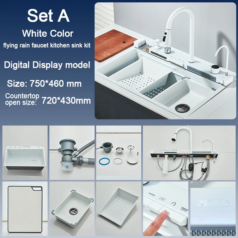 304 Stainless Steel Kitchen Sink with Digital Display Waterfall Faucet, Multifunctional Large Single Slot Whale Sink