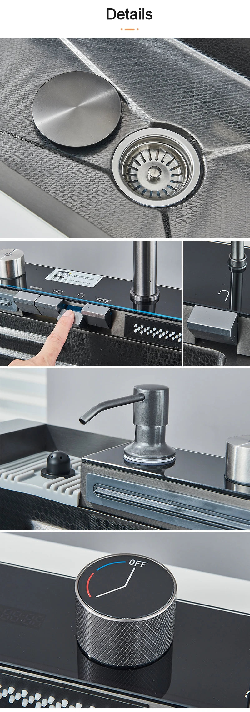 304 Stainless Steel Kitchen Sink with Digital Display Waterfall Faucet, Multifunctional Large Single Slot Whale Sink
