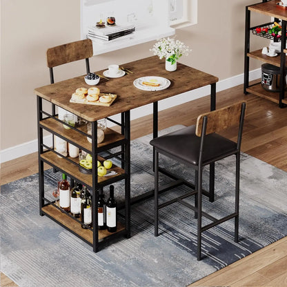 3-Piece Bar Table and Chairs Set with 3 Tier Storage Shelves,  with PU Cushion Bar Chairs