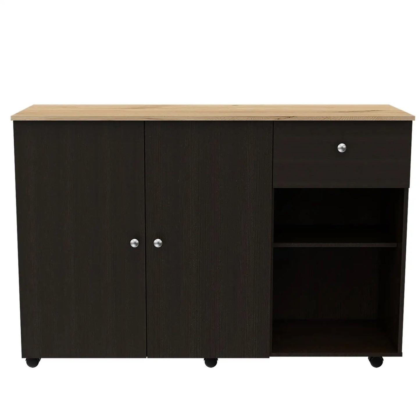 Kitchen Island Cart Victoria, Four Interior Shelves, Six Carters, One Drawer, Double Door Cabinet Black