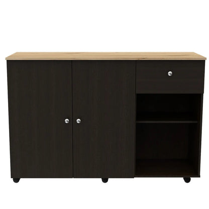 Kitchen Island Cart Victoria, Four Interior Shelves, Six Carters, One Drawer, Double Door Cabinet Black