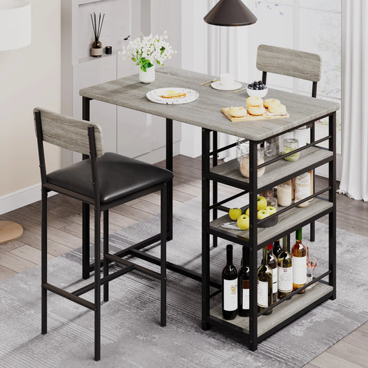 Dining Table Set for 2, Kitchen Table and Upholstered Chairs for 2.3-Piece Bar Table Set with 3 Large Shelves for Small Space