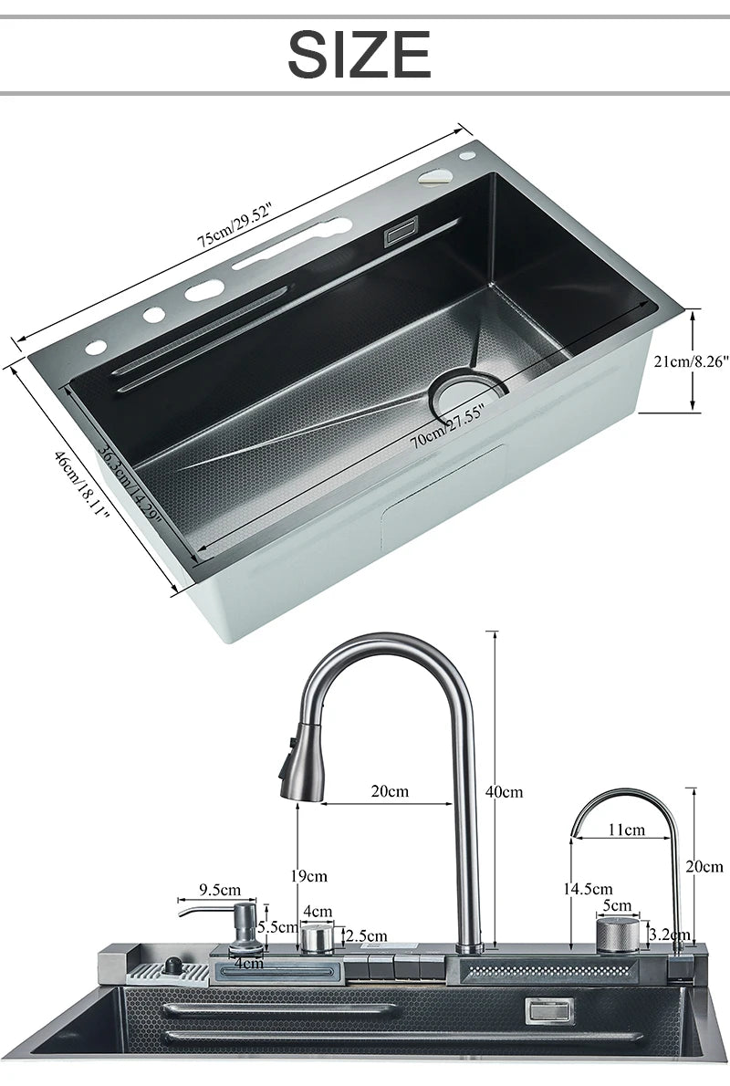 304 Stainless Steel Kitchen Sink with Digital Display Waterfall Faucet, Multifunctional Large Single Slot Whale Sink