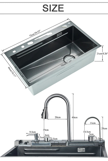 304 Stainless Steel Kitchen Sink with Digital Display Waterfall Faucet, Multifunctional Large Single Slot Whale Sink