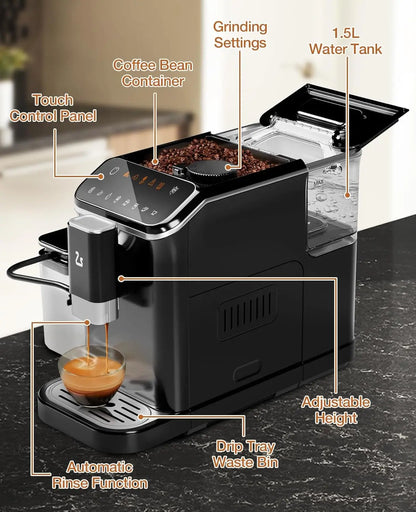 Fully Automatic Espresso Machine with Milk Frother Steam Wand Built-in Grinder Touch Screen Coffee Maker 7 Coffee Varieties