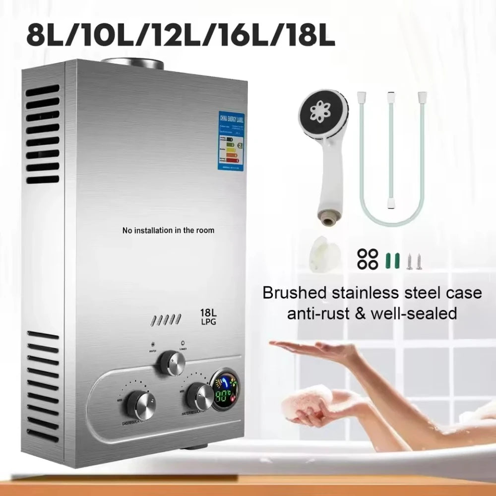 6L-18L LPG Gas Tankless Hot Water Heater Outdoor Use;  Stainless Steel Camping W/Shower Kit LPG Water Heater