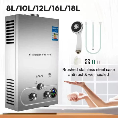 6L-18L LPG Gas Tankless Hot Water Heater Outdoor Use;  Stainless Steel Camping W/Shower Kit LPG Water Heater