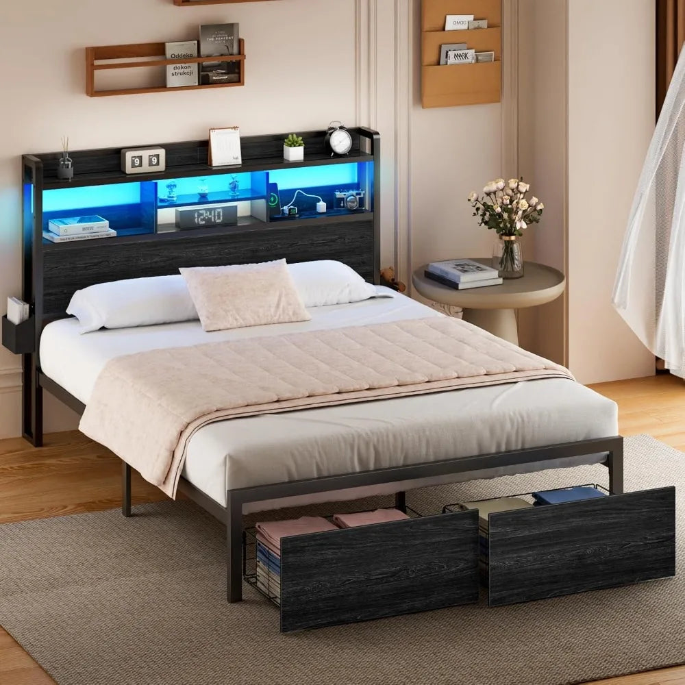 Bed Frame with Wood Headboard, Metal Platform Bed Frame Full Size with Storage Drawers and Shelf,LED Lights and Charging Station