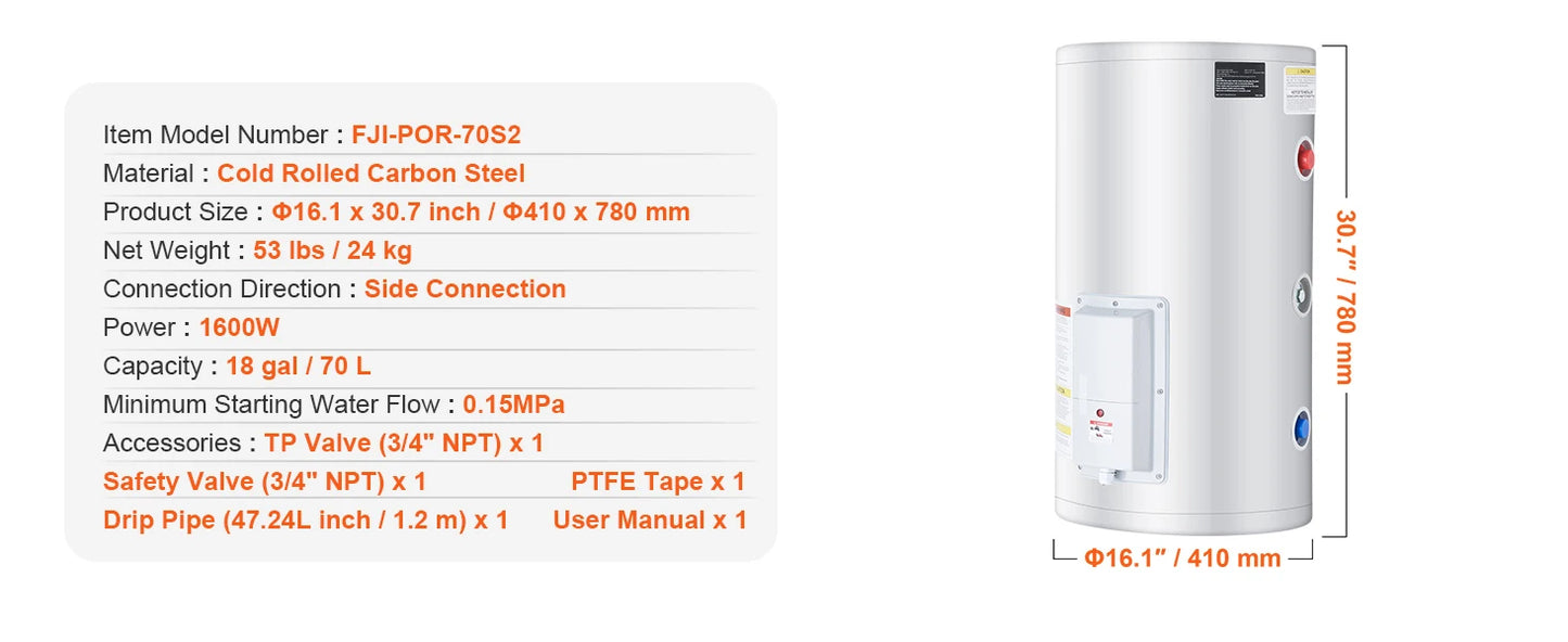 SucceBuy Electric Water Heater 40/70L Tank Instant Hot Water Heater 1.6Kw Tankless Water Heater w/ LED  110v