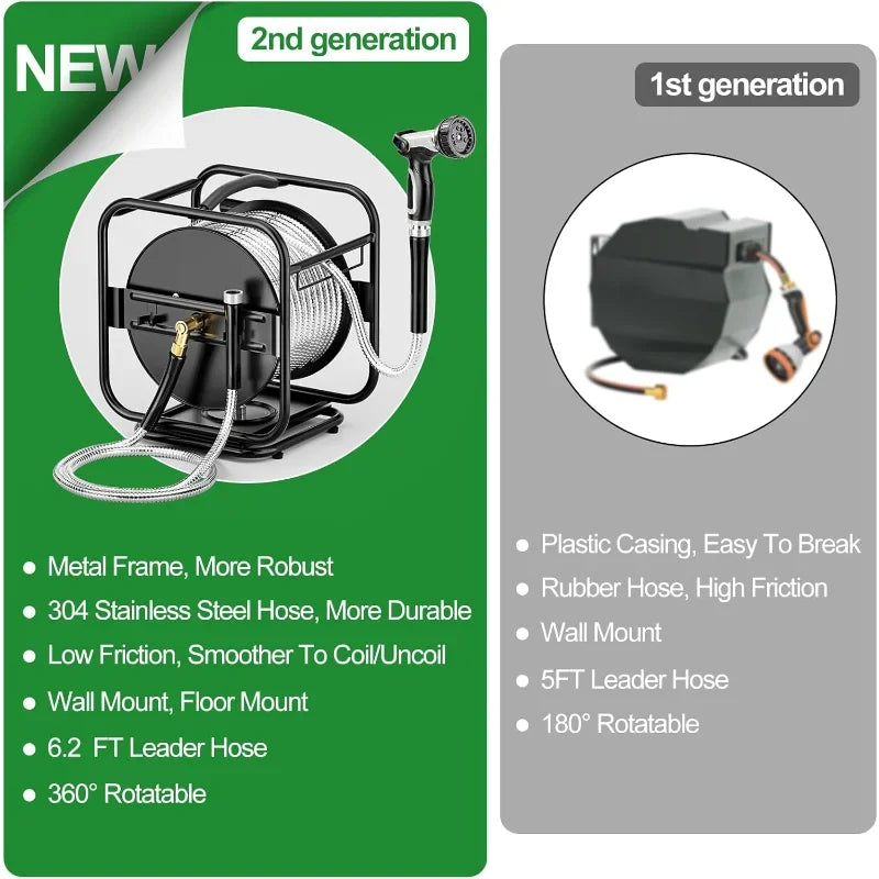 Heavy Duty Metal Garden Hose Reel With 100 Ft 304 Stainless Steel & Aluminum Nozzle, Wall Mount/Floor Water Pipe Spool