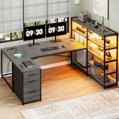 Office Computer Desk, Reversible, 3 Fabric Drawers and Power Outlet, Corner Gaming Desk with LED Lights