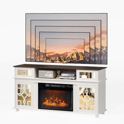 Fireplace TV Stand with Sliding Mirrored Door for TVs up to 70", Entertainment Center with Storage Cabinet and Shelves,