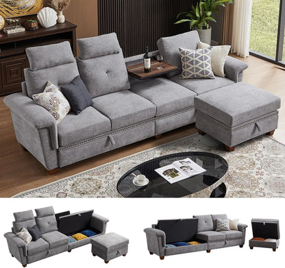 110" Sectional Sofa, Convertible L Shaped Sofa with Ottoman and Large Storage, 4 Seat Sectional with Cup Holder