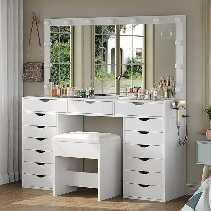 Vanity Desk with Mirror and Lights, with Charging Station, 15 Drawers
