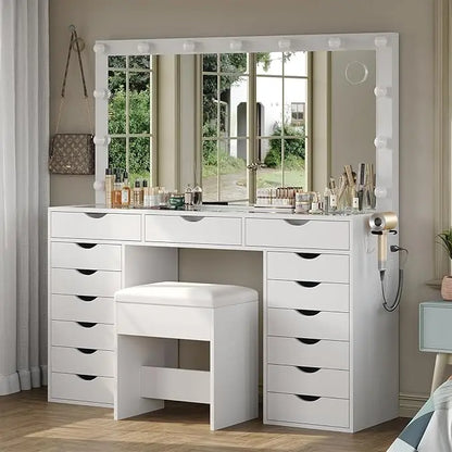 Vanity Desk with Mirror and Lights, with Charging Station, 15 Drawers